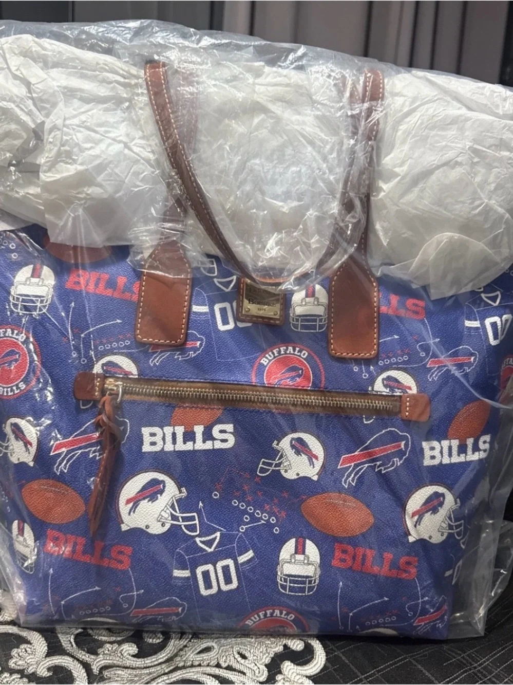 Dooney & Bourke Blue Buffalo Bills Logo Tote with Brown Straps